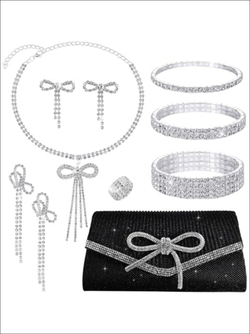 Rhinestone Jewelry Set Clutch Bow Necklace Earrings Bracelets Ring